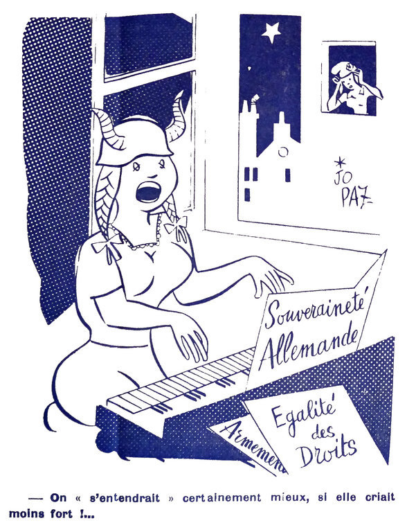 Karikatur von Jo Paz zu den schwierigen deutsch-französischen Beziehungen (8. Oktober 1954) 