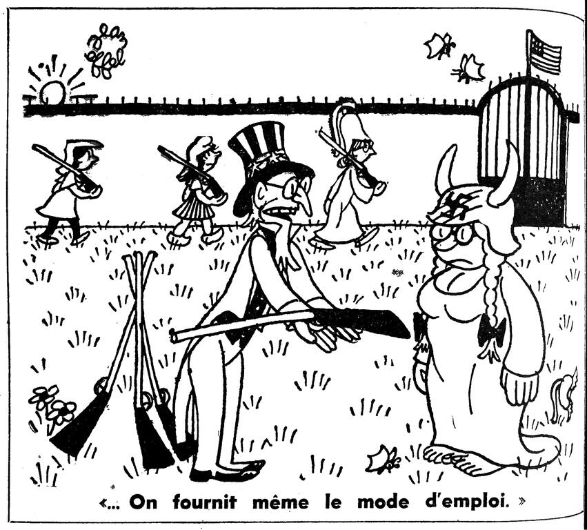 Karikatur von Effel zur Frage der Wiederbewaffnung der Bundesrepublik Deutschland (28. Juli 1949)