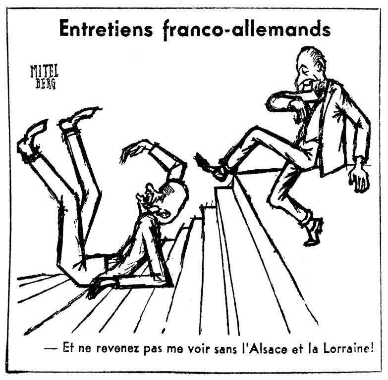 Cartoon by Mitelberg on the difficult discussions between France and Germany (25 January 1950)