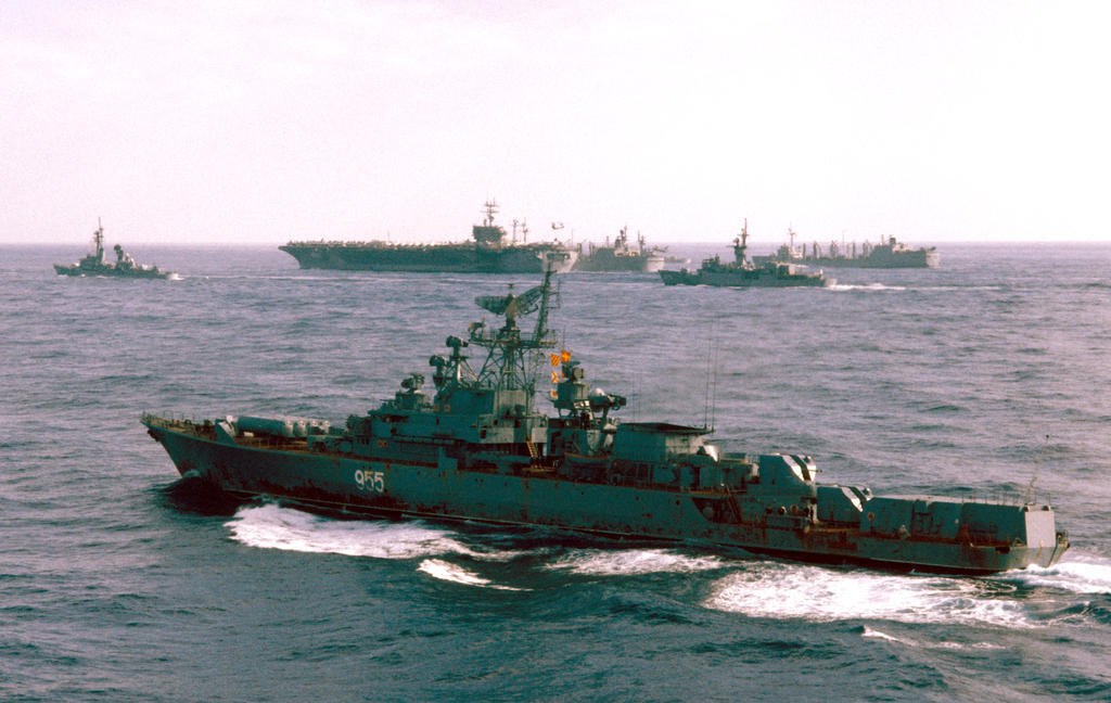 A Soviet guided-missile frigate observing a US carrier battle group off the coast of Lebanon (5 February 1979)
