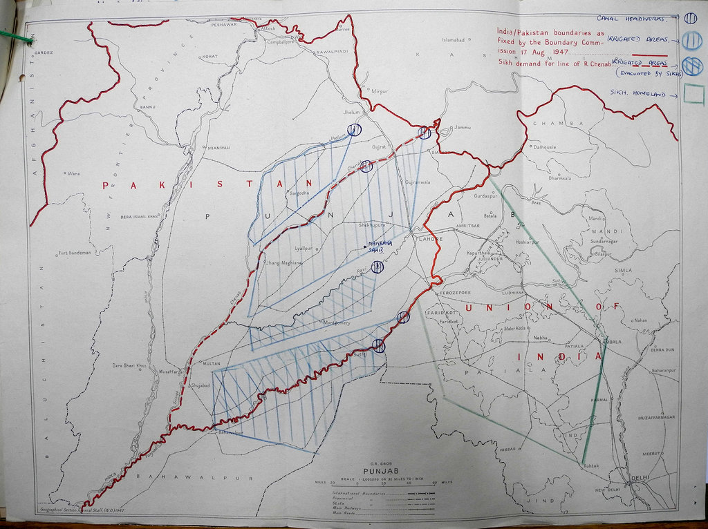 Map showing the India–Pakistan boundary as set on 17 August 1947