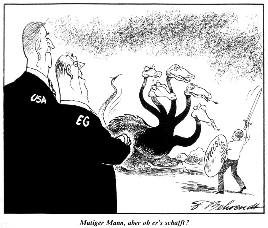 Cartoon by Behrendt on the reaction of the United States and the EC to Gorbachev’s reforms in the Soviet Union (19 September 1989)
