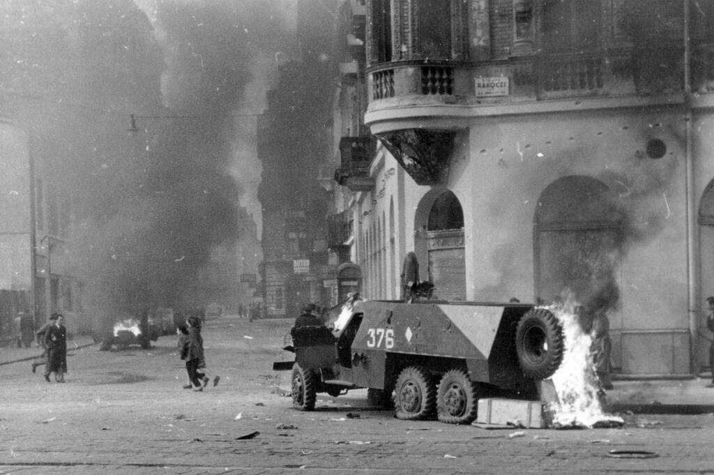 Soviet armoured vehicles destroyed in the streets of Budapest (1956)