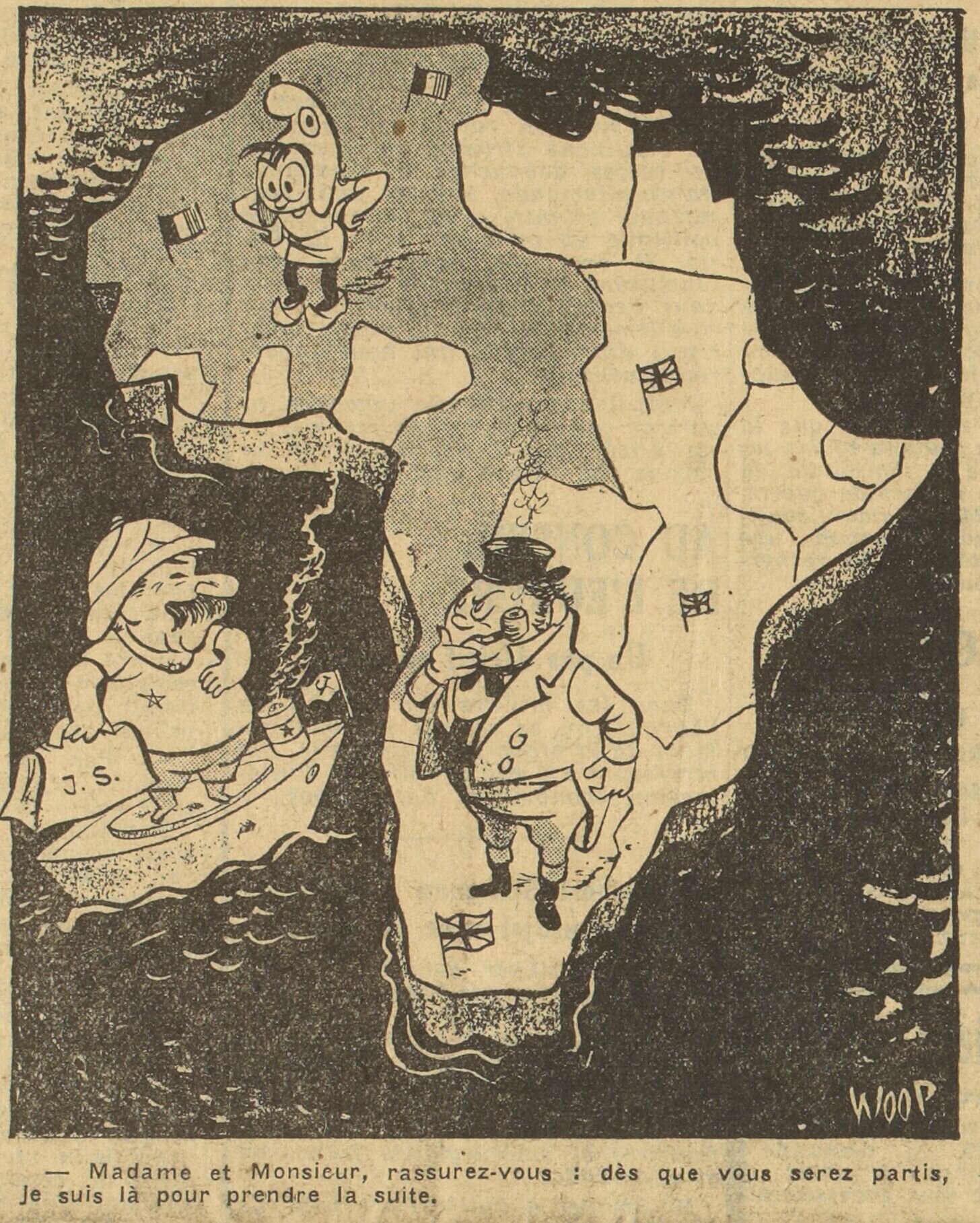 Cartoon by Woop on the risk of the spread of communist influence in Africa (10 May 1950)